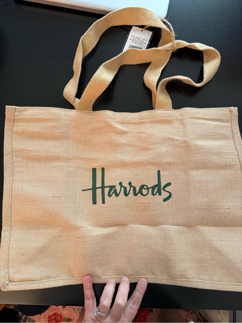 HARRODS NWT jute reusable tote bag with green logo on both sides. - Picture 4 of 6